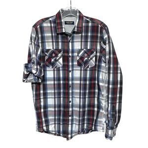 Zara Young Man Long Sleeve Button Down Shirt Red White Blue Plaid Size Medium